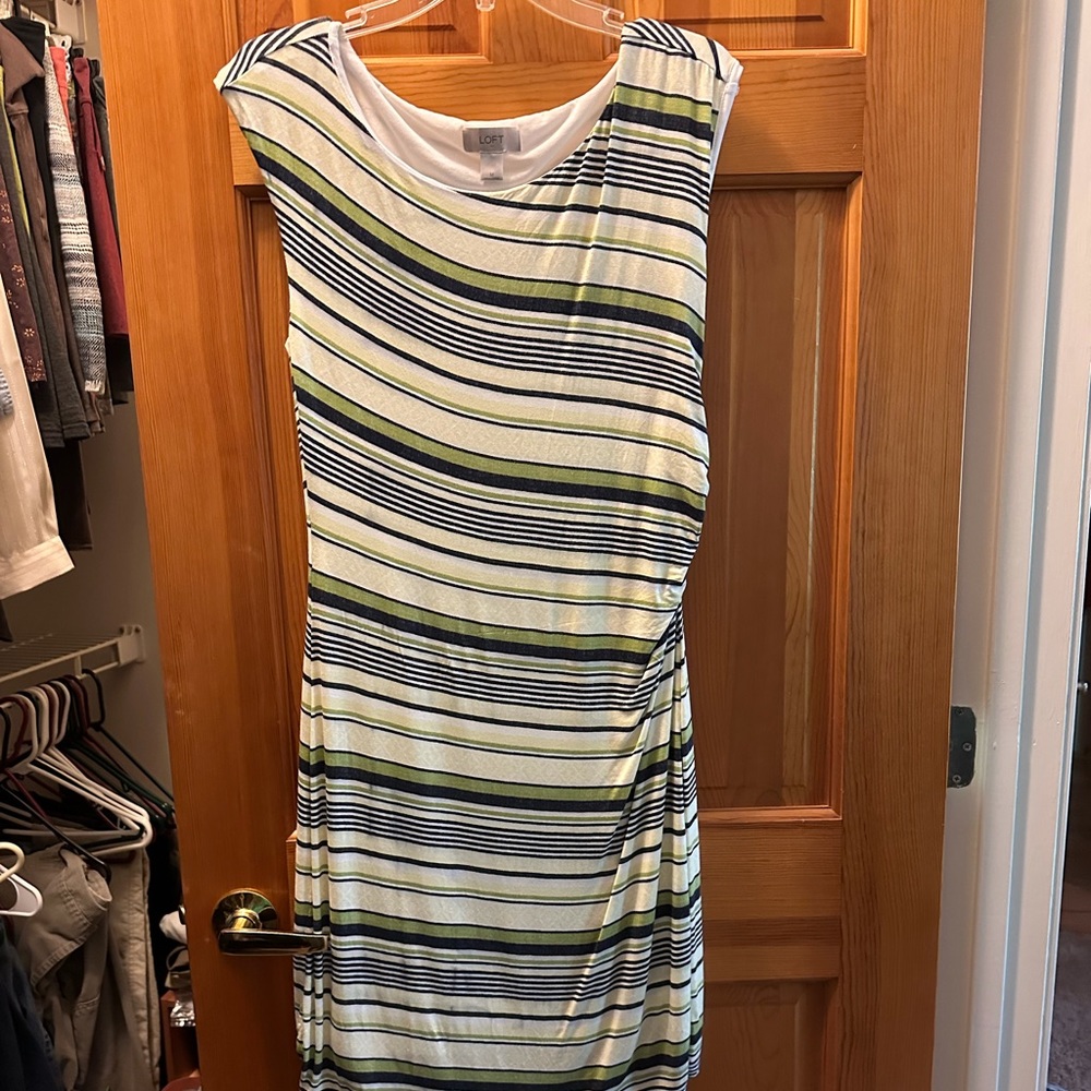 Loft striped dress with side rouching. White/green/blue. Women’s size medium.